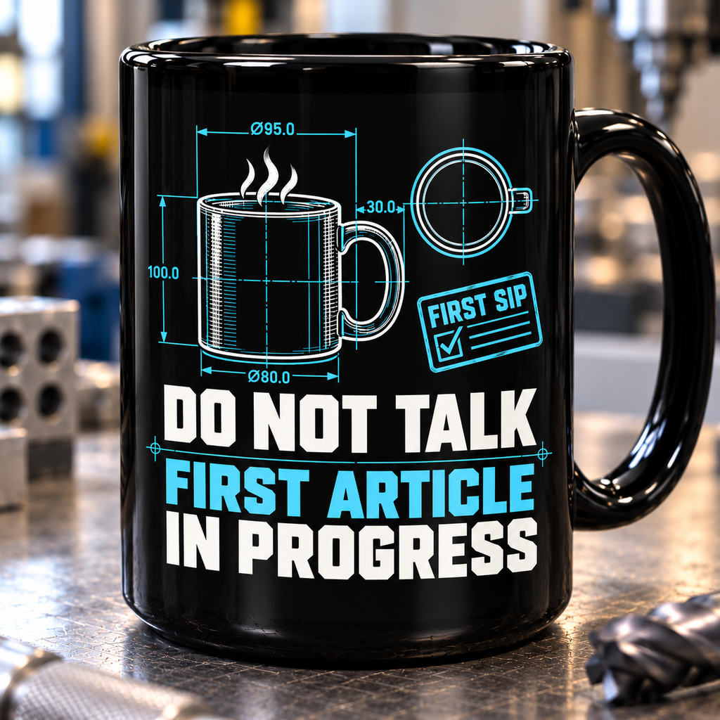 First Article in Progress Machinist Mug – Black 15 oz