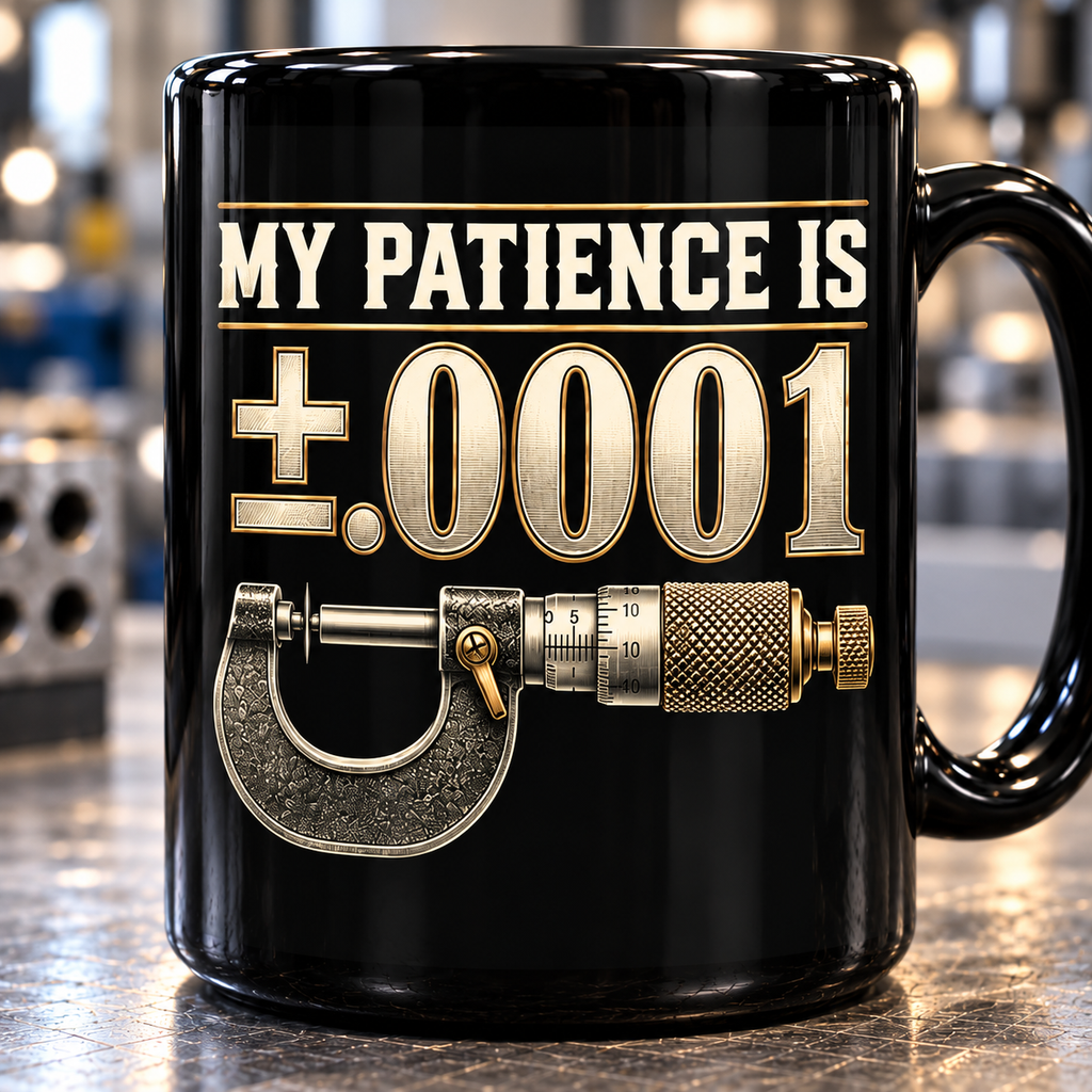 My Patience Is ±.0001 Machinist Mug – Black 15 oz