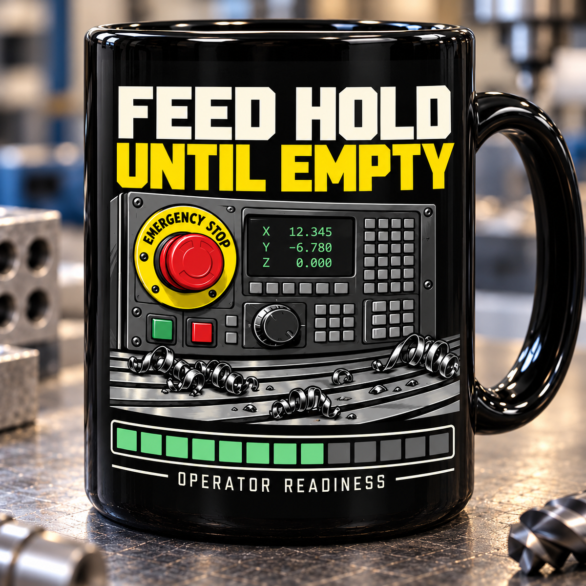 Feed Hold Until Empty CNC Machinist Mug – Black 15 oz