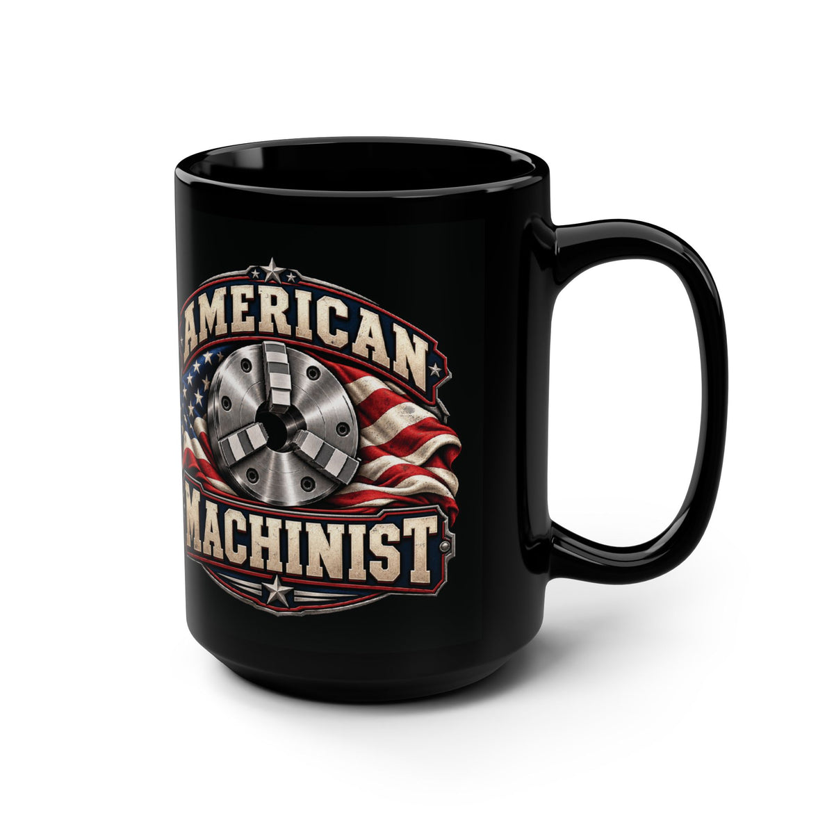 American Machinist black mug right side with handle on the right