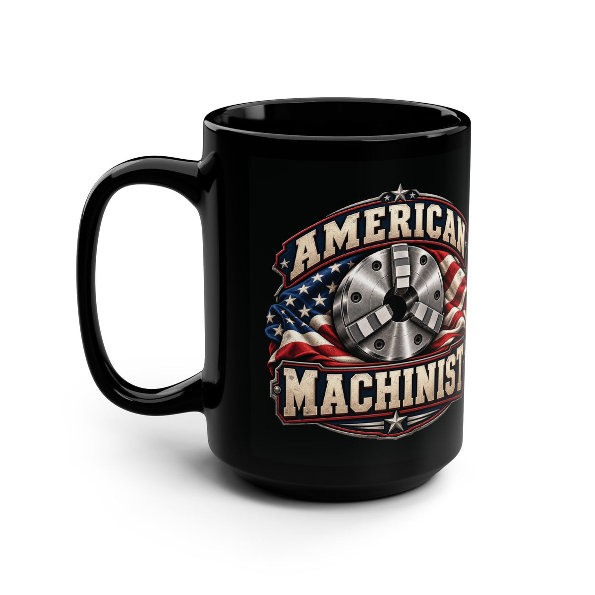 American Machinist black mug left side with handle on the left