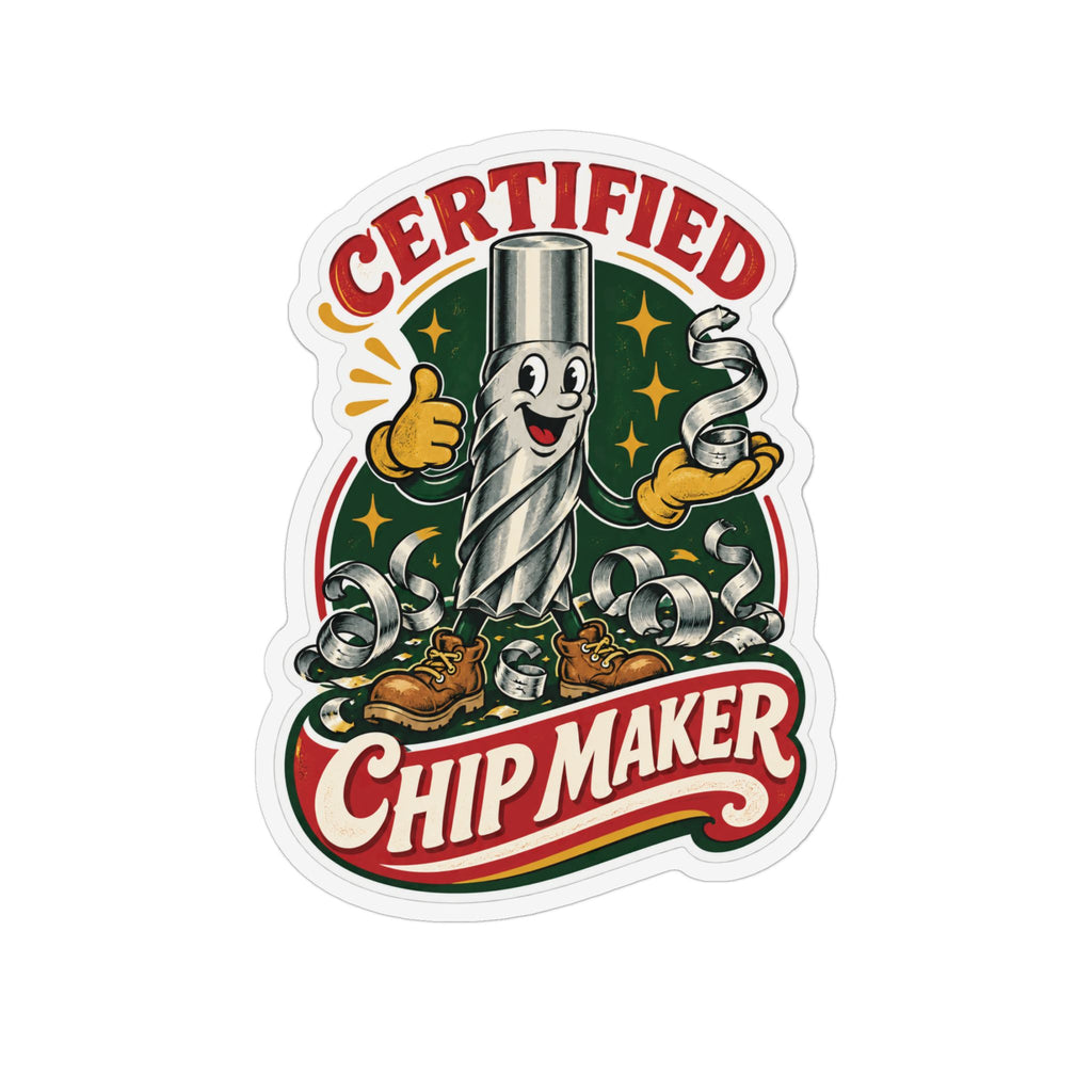 Certified Chip Maker retro end-mill mascot magnet with white border, standard front view
