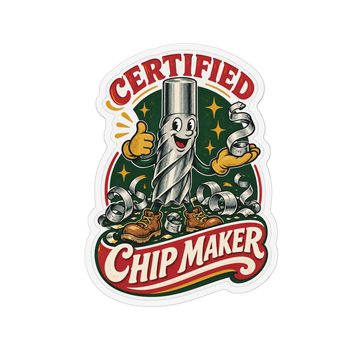 Certified Chip Maker retro end-mill mascot magnet with white border, standard front view