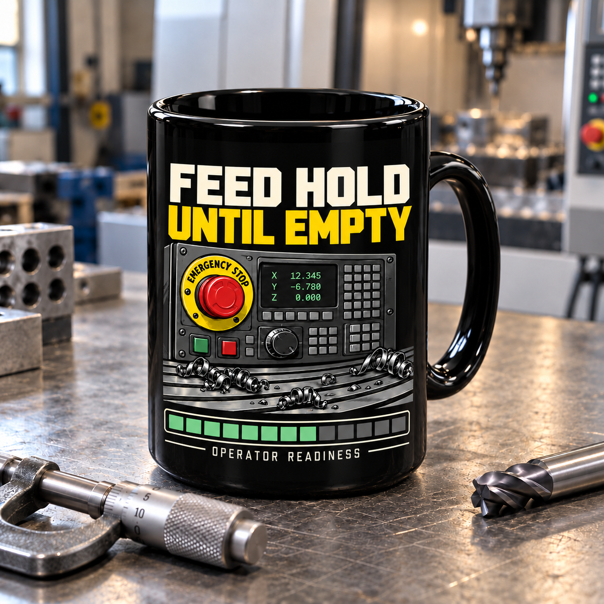 Feed Hold Until Empty CNC Machinist Mug – Black 15 oz