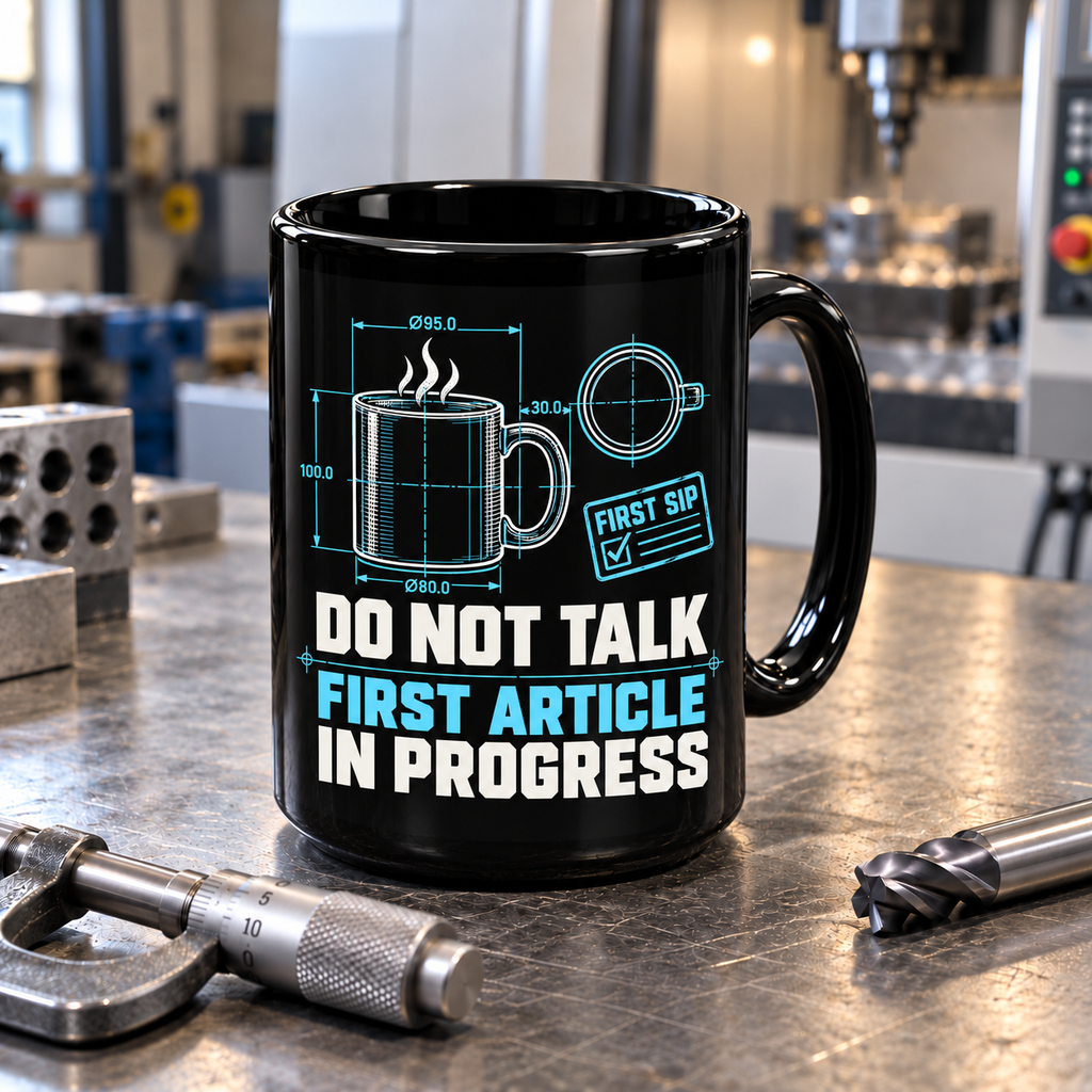 First Article in Progress Machinist Mug – Black 15 oz