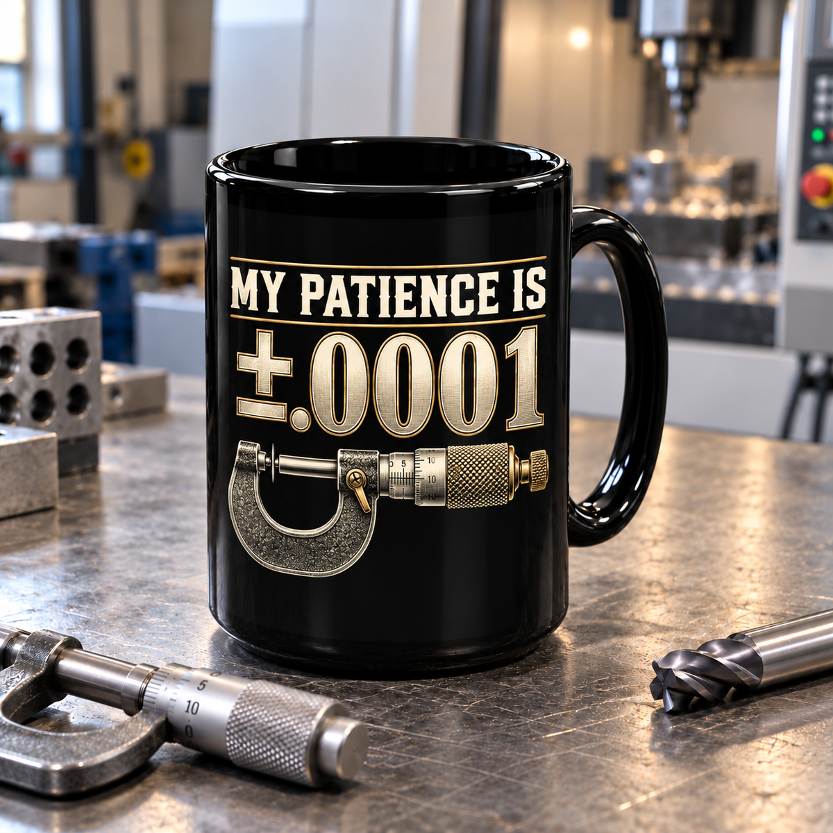 My Patience Is ±.0001 Machinist Mug – Black 15 oz