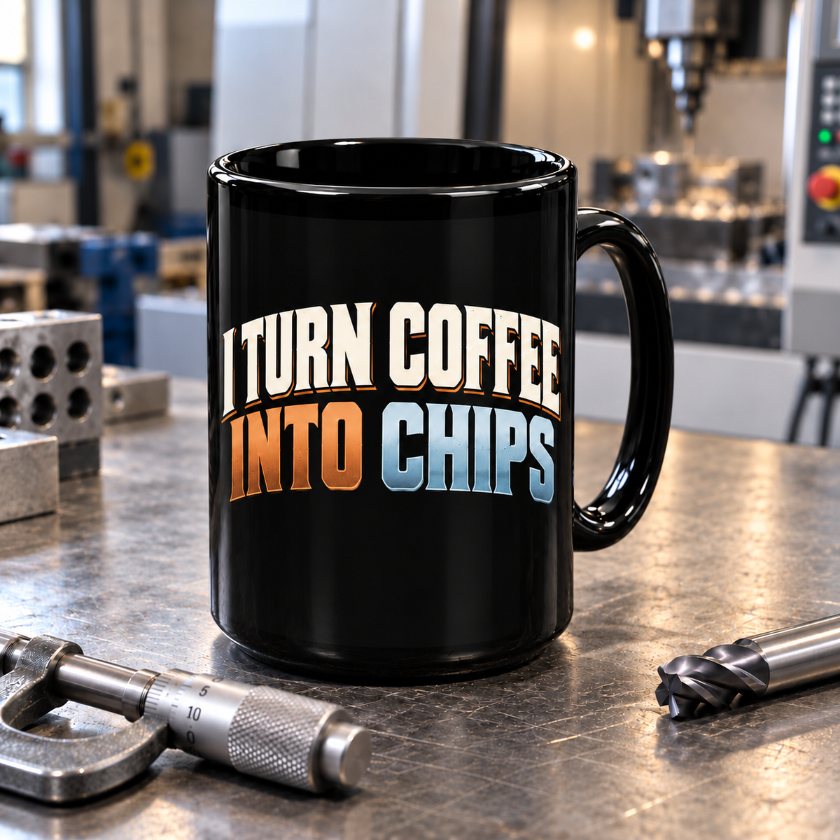 I Turn Coffee Into Chips Machinist Mug – Black 15 oz