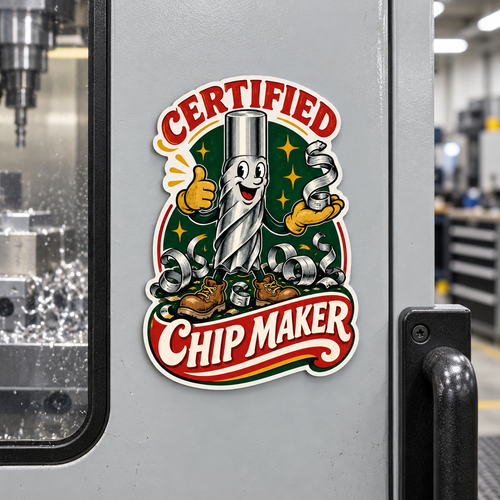 Certified Chip Maker retro machinist magnet on a gray CNC machine enclosure, illustrative product mockup