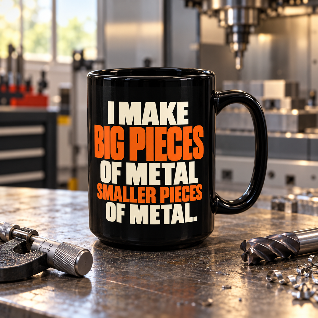 AI-generated workshop mockup of the black 15 oz I Make Big Pieces of Metal Smaller Pieces of Metal machinist mug, orange and ivory text facing the camera.