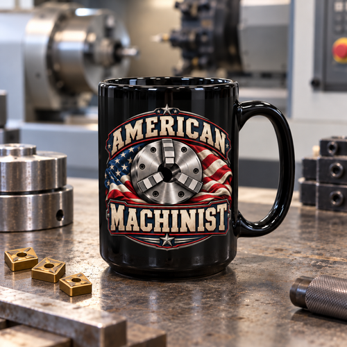 American Machinist black 15 oz mug on a machinist workbench with CNMG turning inserts