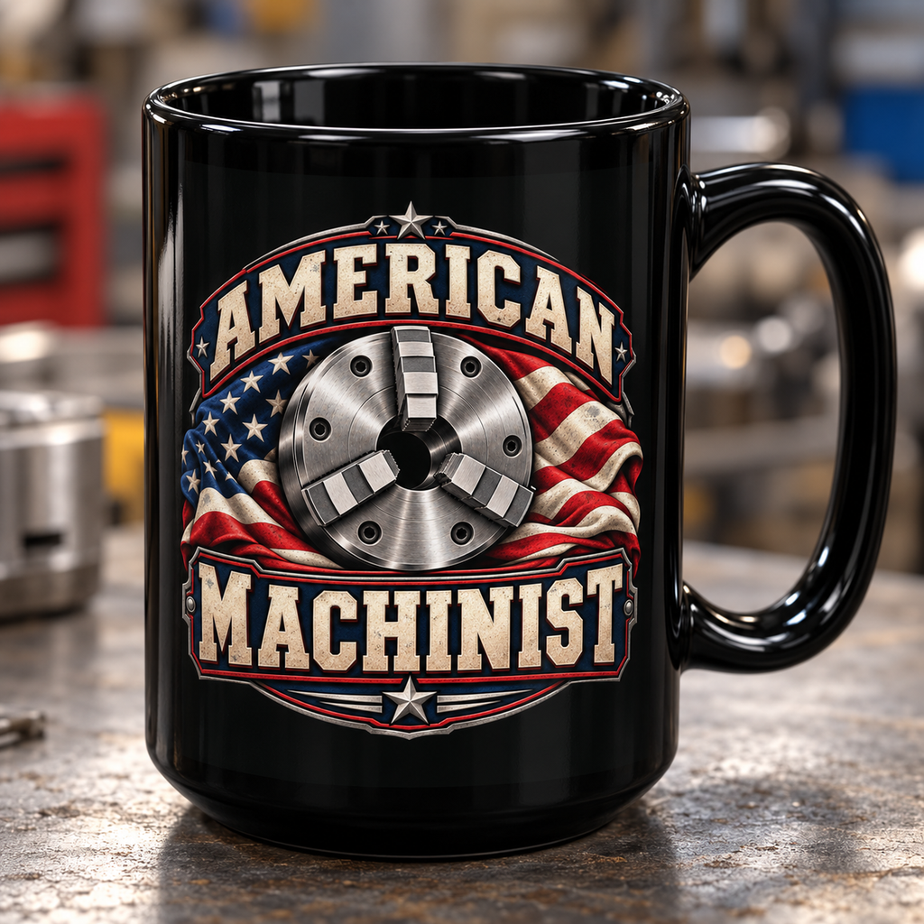 Close-up of the American Machinist flag and hard-jaw lathe chuck print