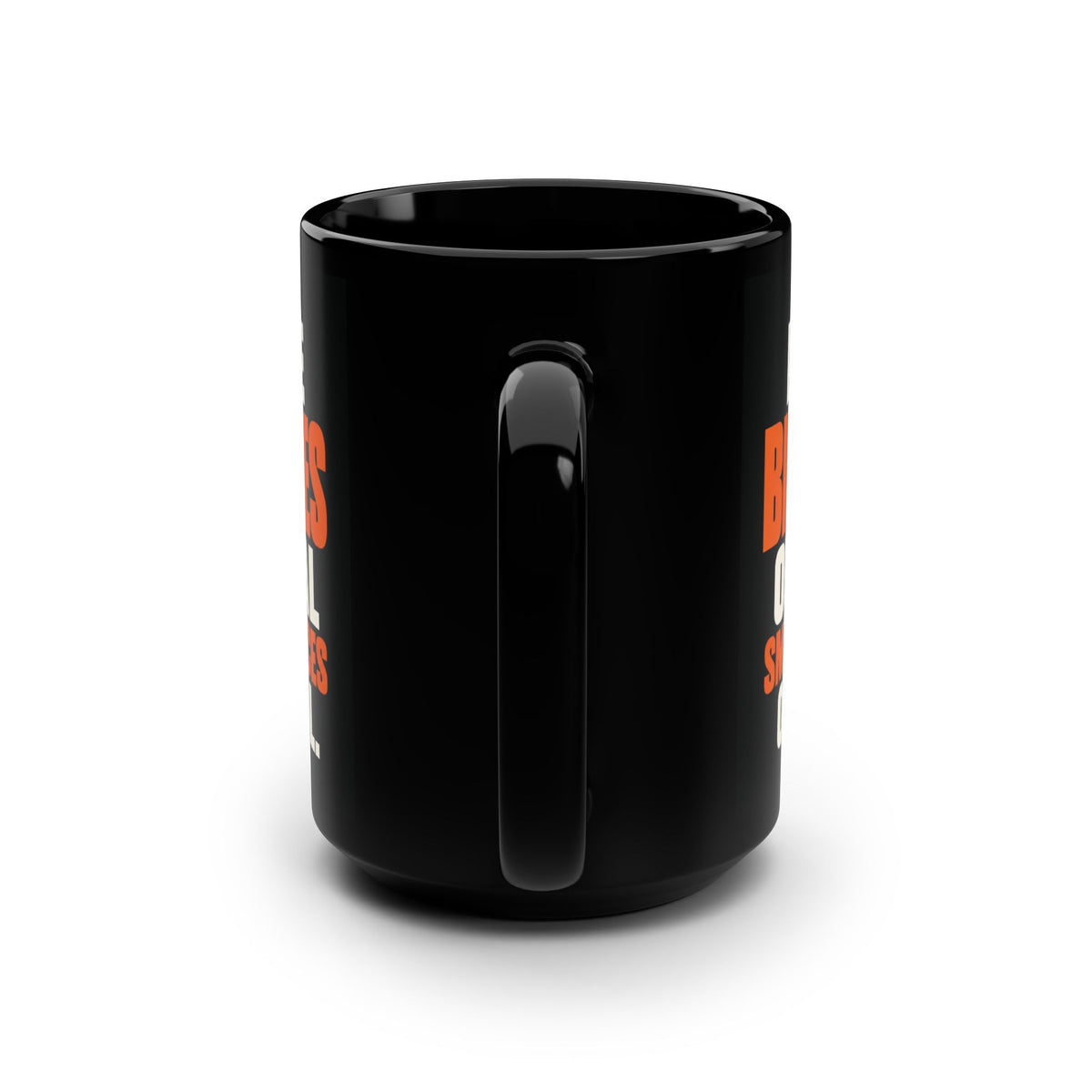 Handle and back view of the glossy black 15 oz machinist mug.