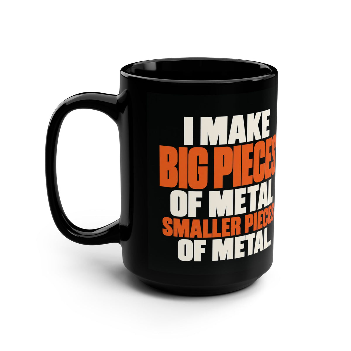 Left-side product mockup of the black 15 oz machinist mug with matching orange and ivory metalworking text.