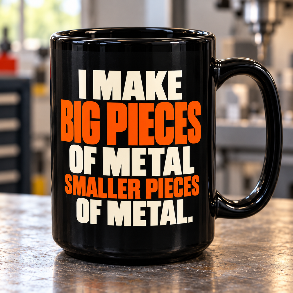 Close-up AI-generated mockup of the black 15 oz mug with orange and ivory I Make Big Pieces of Metal Smaller Pieces of Metal lettering.