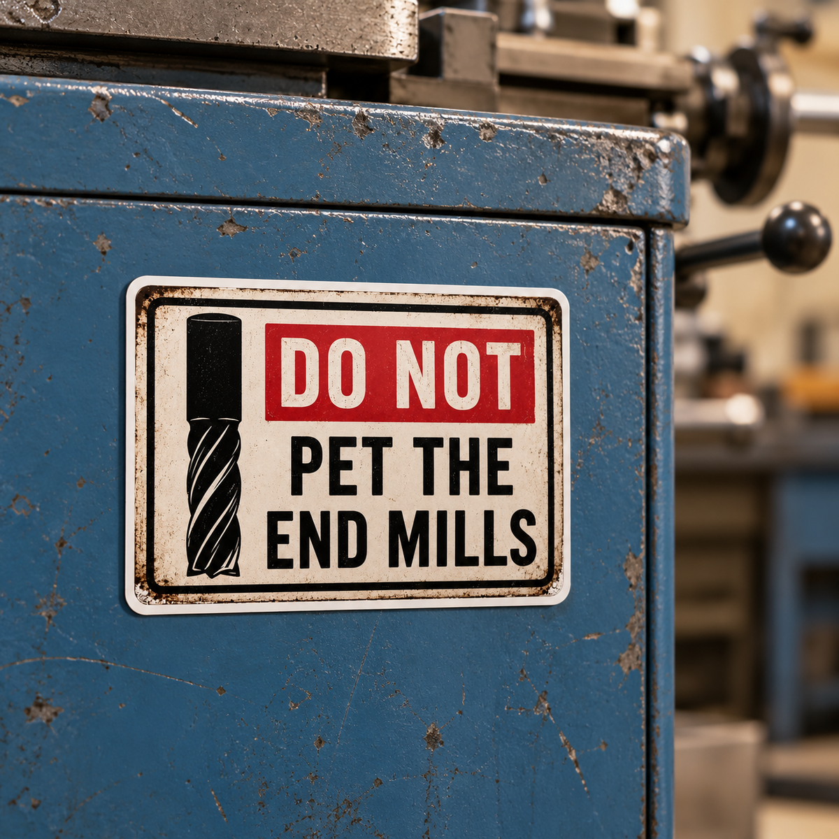 Illustrative mockup of Do Not Pet the End Mills magnet on a blue milling machine cabinet.
