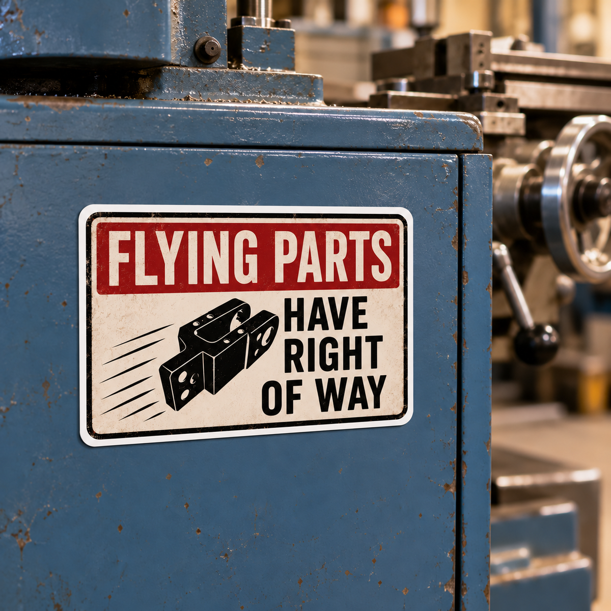 Illustrative mockup of Flying Parts Have Right of Way magnet on a blue milling machine cabinet.