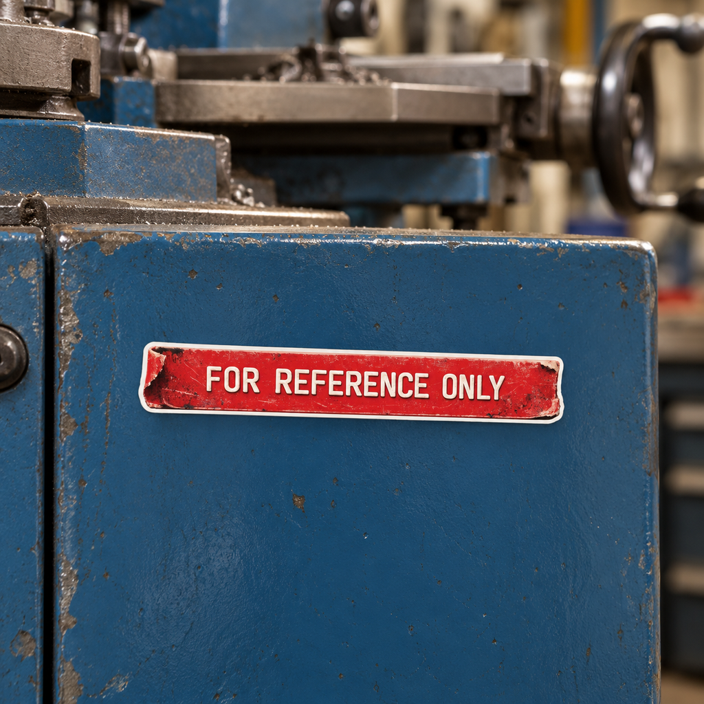 Illustrative mockup of For Reference Only magnet on a blue milling machine cabinet.