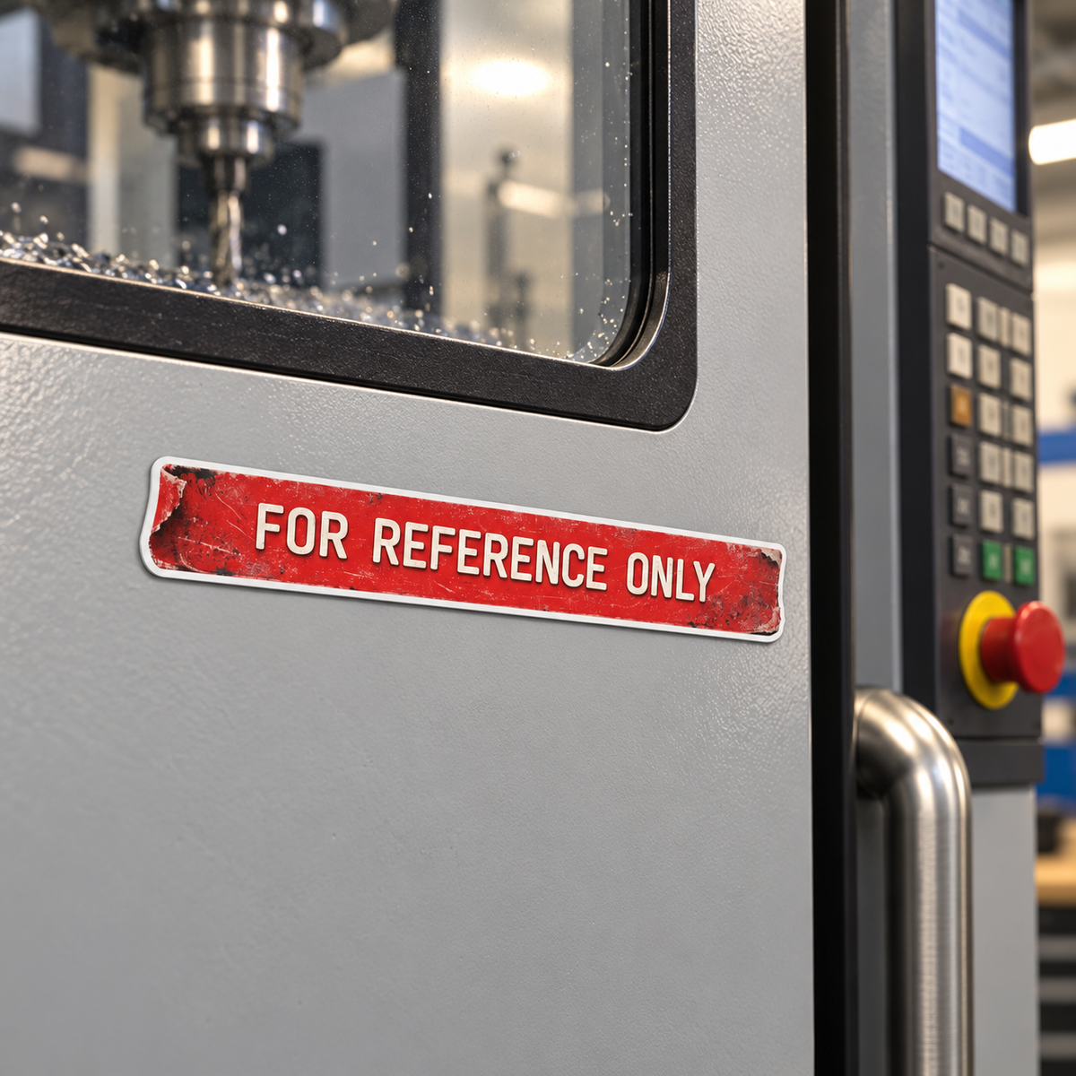 Illustrative mockup of For Reference Only magnet on a CNC machine enclosure.